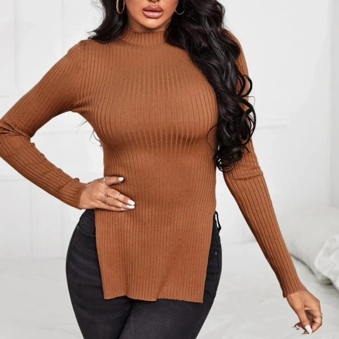 Delad rib-Knit slätt enkel tröja