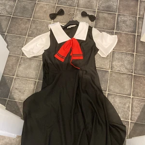 Chika Fujiwara cosplay - Chika Fujiwara cosplay klänning + två st rosetter + en stor rosett. Rosetterna sitter på klips och kan tas bort eller sättas på. Använts en gång, köpte den ny för 600kr. Inget tecken på användning, inga repor, smuts eller hål. Storleken är L men den är gjord i Japan så storleken kanske inte är 100% korrekt. Bra material.