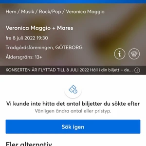 Veronica maggio - Säljer en slutsåld biljett till veronica maggio + mares konserten i göteborg den 8 juli 19:30. Helt slutsåld biljett