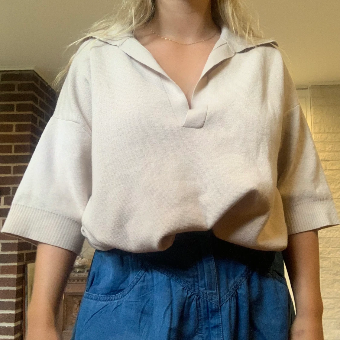 Beige finstickad kortärmad tröja - 90