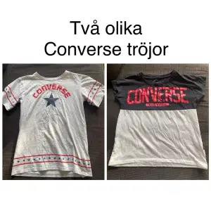 Jag säljer två Converse T-shirts. De har olika tryck och den ena är grå och den andra är svart och vit. Båda två har lite röda detaljer. Jag säljer båda två tillsammans för 200kr och en för 115kr. Båda tröjorna är en väldigt liten storlek Large.