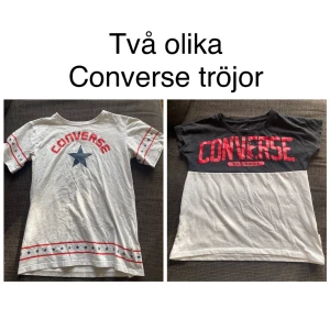 Två olika Converse T-shirts  - Jag säljer två Converse T-shirts. De har olika tryck och den ena är grå och den andra är svart och vit. Båda två har lite röda detaljer. Jag säljer båda två tillsammans för 200kr och en för 115kr. Båda tröjorna är en väldigt liten storlek Large.