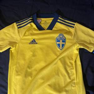 Säljer denna Sverige matchtröja som är i använt skick men inga större defekter på tröjan, bara ett litet märke på bröstet. Tröjan är i storlek 164.  Pris kan diskuteras och skriv till mig vid frågor eller fler bilder.