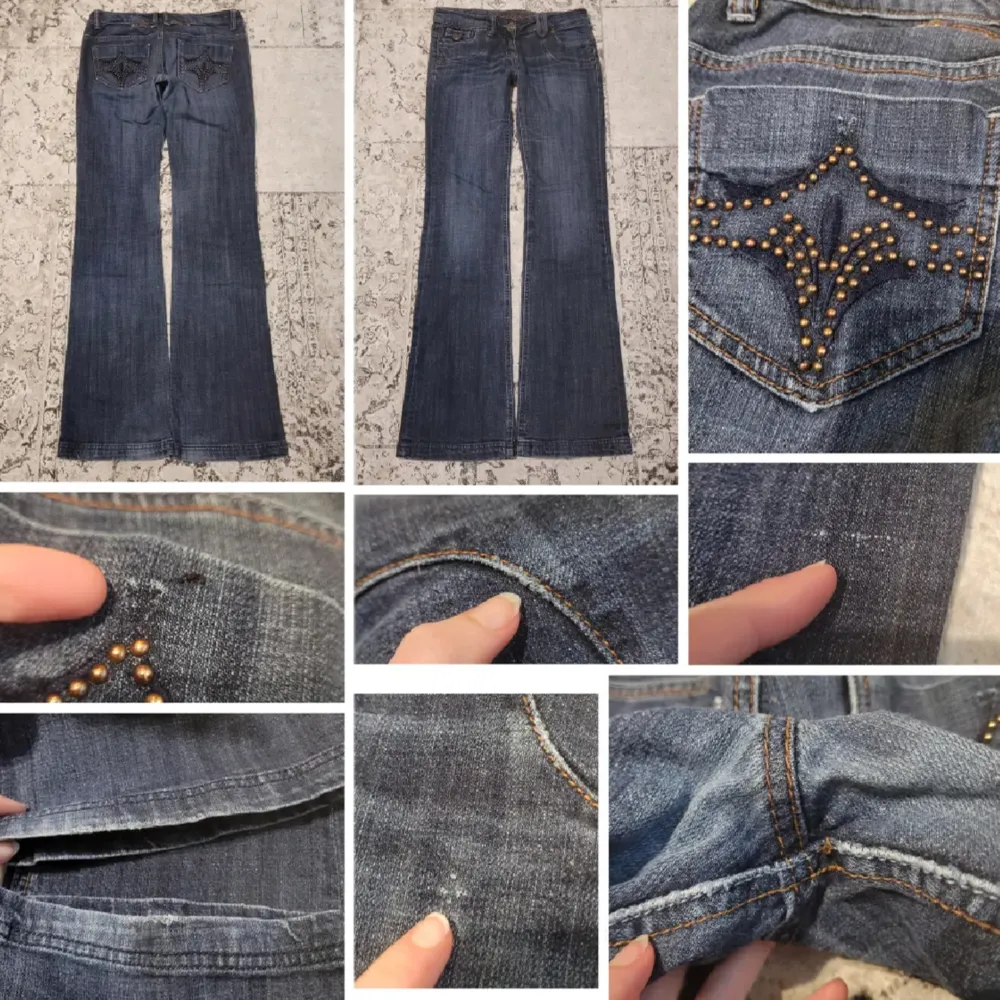 Säljer mina favoritjeans pga att de är lite små på mig. Lågmidjade jeans med pärlor på bakfickorna. Små nötningar och större nötning vid hälen (bild). Nött å blekt i gren och i överlag bra skick. 💗  Midja:82cm (41cm rakt över) innerben:85cm. Jeans & Byxor.