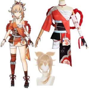 yoimiya cosplay - köpte den men har bara haft på mig 2-3 ggr, säljer för den inte passade jätte bra i midjan :3 inga skador eller fläckar, kommer med peruk
