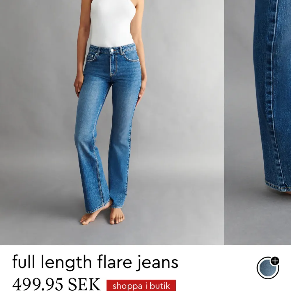 Full lenght flare jeans som är uppsydda. Jag är 168 och skulle säga det passar dig som är från 160-168 beroende på längden på benen . Jeans & Byxor.