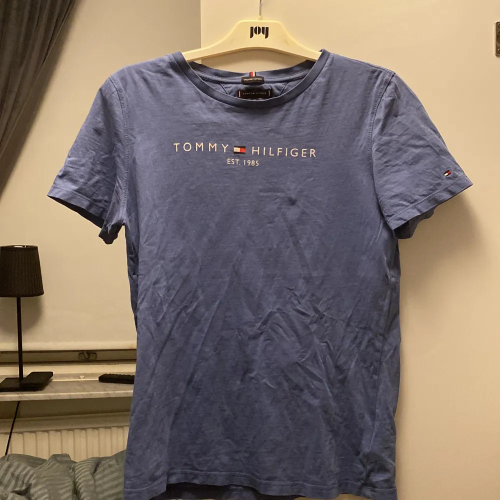 En fin blå Tommy Hilfiger T-shirt. Den har tyvärr lite hål under en av ärmarna.. T-shirts.