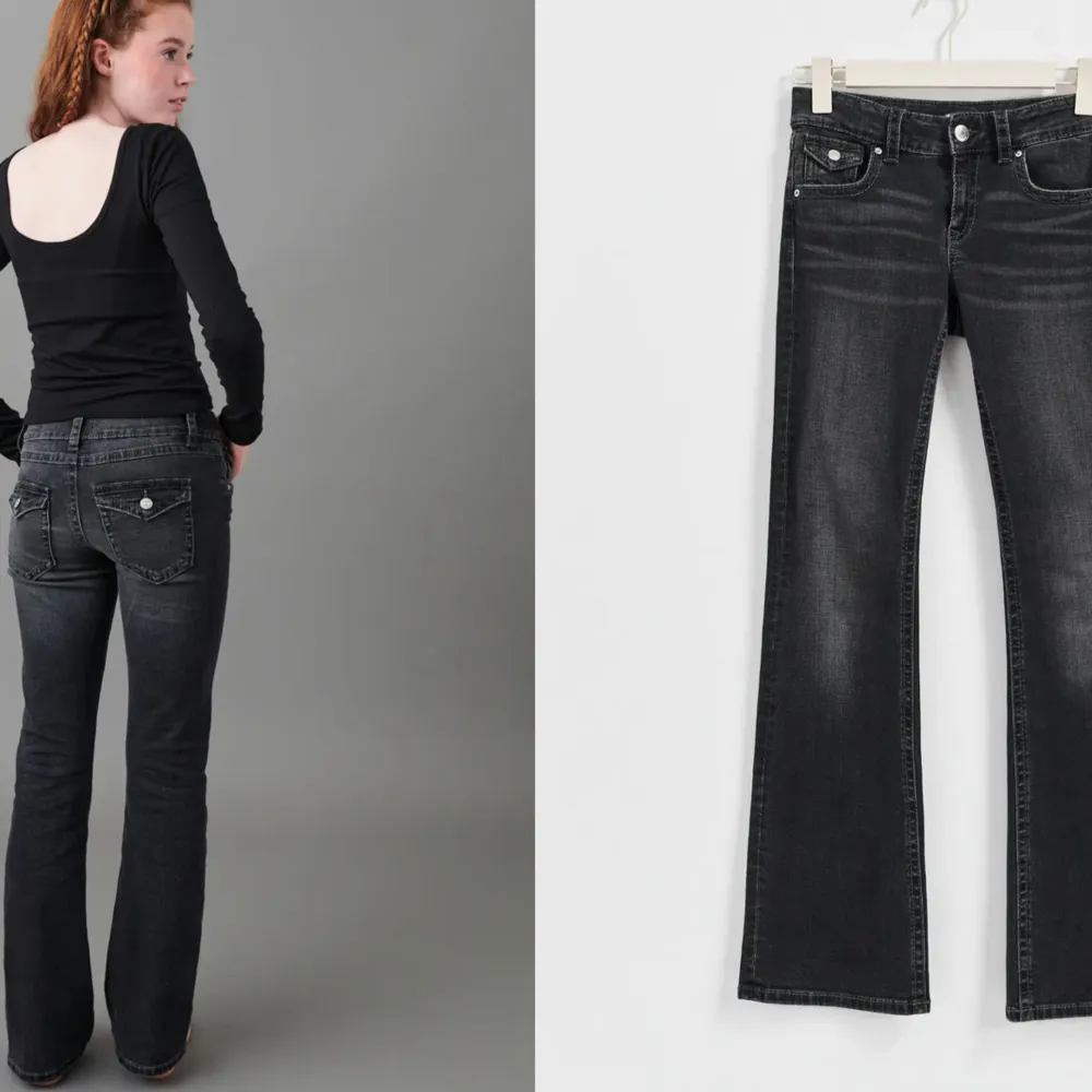 Säljer dehär populära jeansen från Gina Young. Modellen är flared och låg midja. Finns även resår band i midjan. Jeansen förtjänar att få användning men tyvvär så är de för korta för mig:/ Köpta för 350kr. De är i nyskick!. Jeans & Byxor.