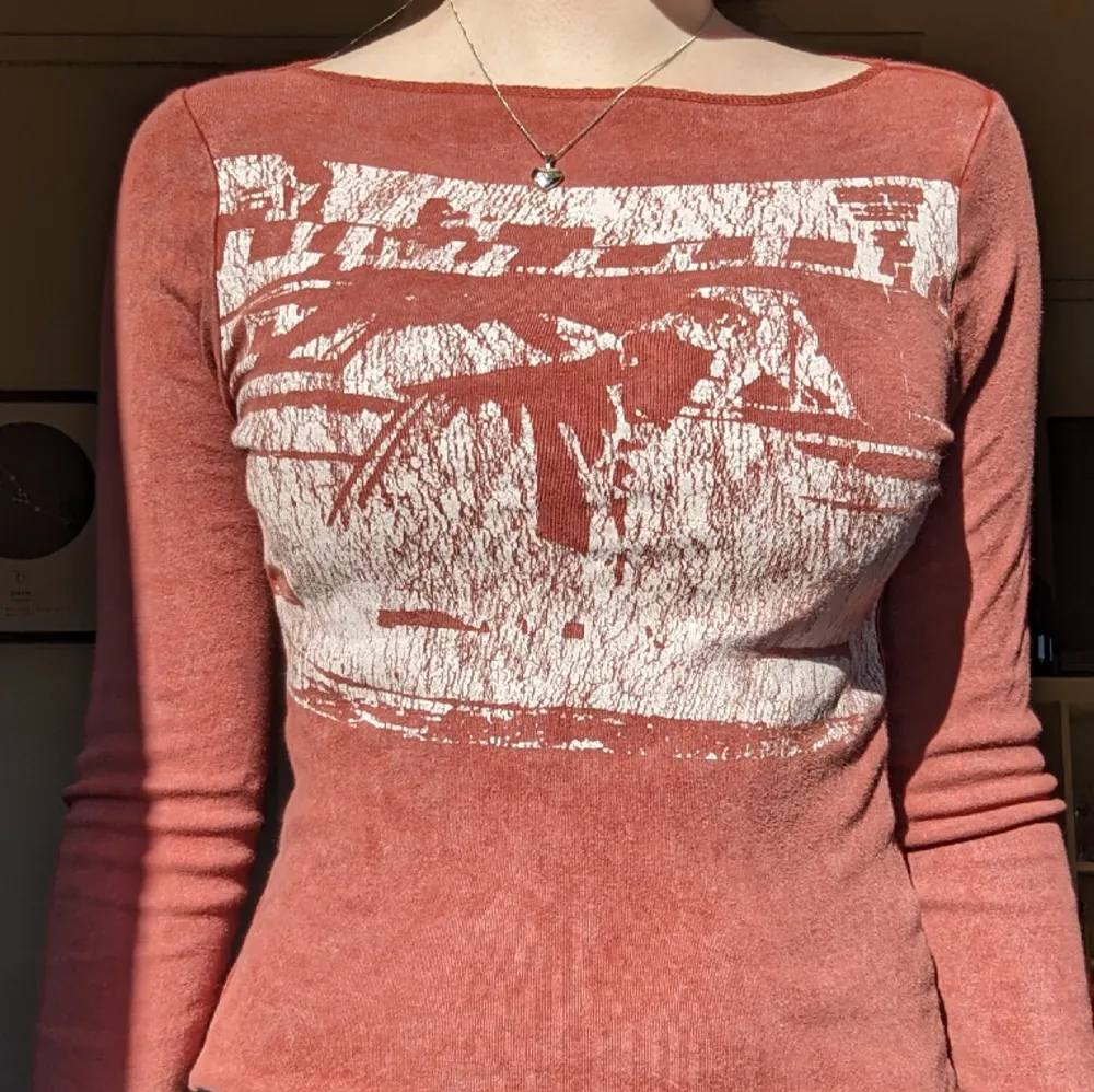 Jättecool coppar röd tunn långärmad tröja med tryck på bröstet Aldrig använd, så helt perfekt i skicket!❤️. Tröjor & Koftor.