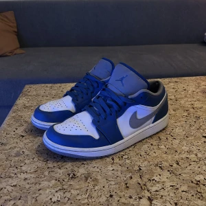 Jordan 1 low - Ett par blåa Jordan 1 lows klot på foto locker Utan kartong Välbehandlade  Ett skrap märke och lite skada fram