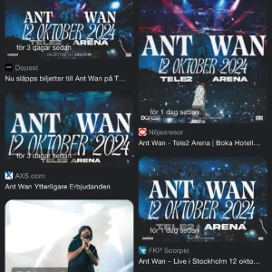 Antwan - Säljer 4 antwan biljetter bakre stå platser. Säljer pga fel valda platser.   