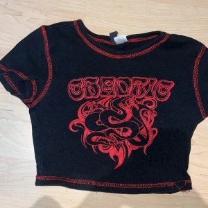 Svart croptop med ett tryck på  - I helt ok skick lite av summen har gått upp och trycket på tröjan är lite sprickor i anses är allt bra. Tröjan är ifrån h&m i storlek xs