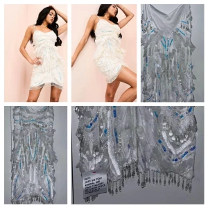 Vit klänning med blåa detaljer 🩵 - Unikt handgjort plagg med vackra vita och blå pärlor på baksidan. Ger en elegant touch till din outfit. Perfekt skick, perfekt för att addera lite extra glamour till din garderob!🌟👗