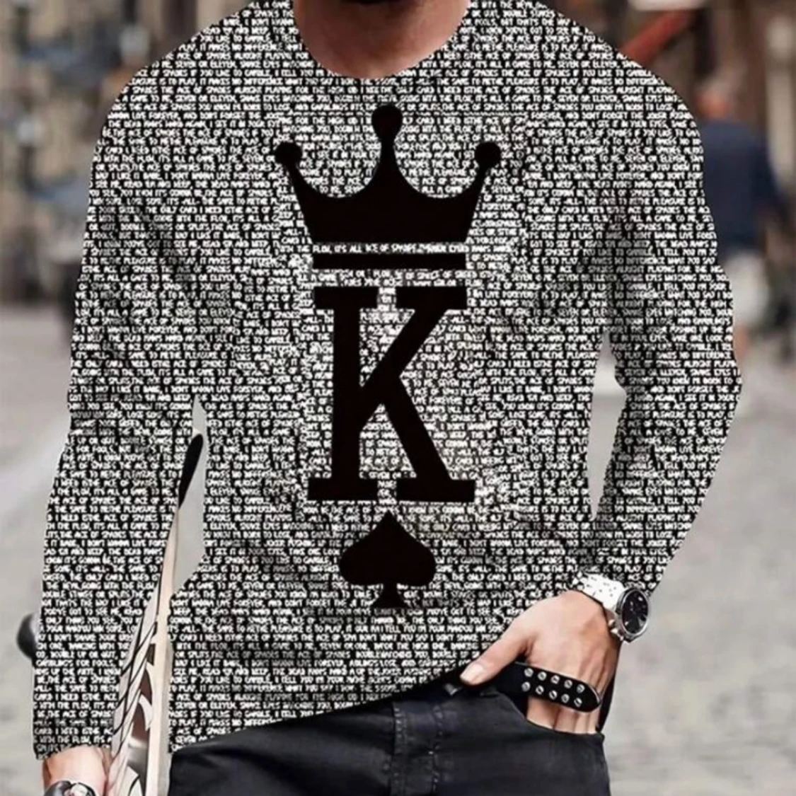 Herr Krona & Text Tryck Lång Ärm T-shirts