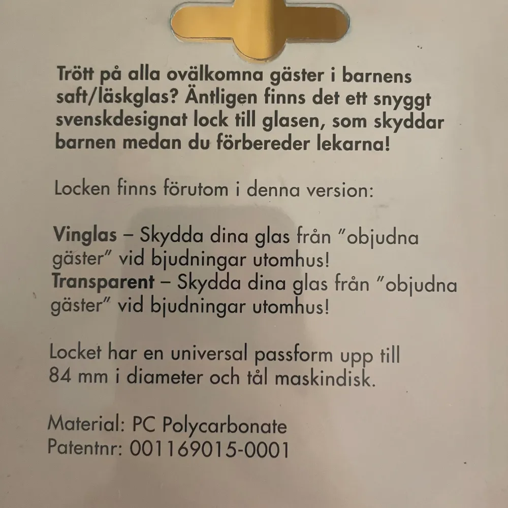 Svenskdesignat lock till glasen som skyddar drickan för objudna gäster. Locken har en universal passform upp till 84 mm i diameter och tål maskindisk. 6-packa  Transparent i färg . Övrigt.