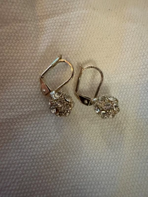 Glittriga silverörhängen med pärlor - Säljer ett par snygga örhängen i silverfärg med rund form och glittriga pärlor. De har en klassisk krok med lås och är dekorerade med flera små, gnistrande stenar som ger extra bling. Perfekt för dig som gillar att sticka ut med detaljer som glittrar.