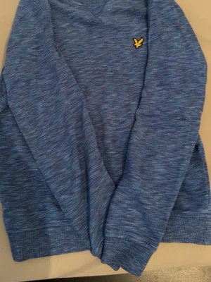 Blå melerad tröja från Lyle & Scott - Säljer en blå melerad sweatshirt från Lyle & Scott med klassisk rund hals och gul logga på bröstet. Tröjan har ribbade muddar vid ärmslut och nederkant samt lång ärm. Perfekt för dig som gillar stilren och enkel design.