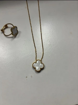 Halsband+ring med vit klöver - Vackert guldfärgat halsband med vit klöverformad detalj samt matchande ring. Elegant och feminin design som passar perfekt till både vardag och finare tillfällen. Mycket fint skick.