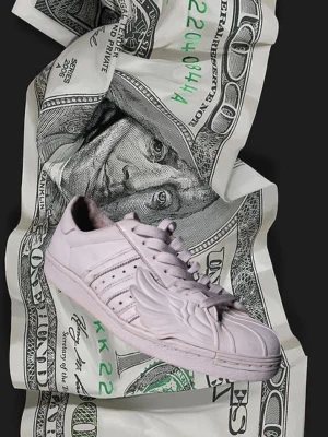 Adidas x Jeremy Scott sneakers - Unika vita adidas x Jeremy scott sneakers i skinn med ikoniska tre ränder på sidan och coola 3D-vingar på utsidan. Skorna har snörning, rund tå och platt sula. Perfekta för dig som vill sticka ut med en kreativ och streetinspirerad look.