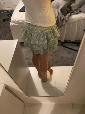 Grön prickig kjol med volanger från Zara - Storlek S                                                            Säljer denna jättesöta kjolen med undershorts  från zara! Köpt här från plick från början, säljer då den är för liten i midjan. Använd en gång sen jag köpte den, förra ägaren skrev samma. Finns inga synliga defekter. Pris kan såklart diskuteras!🥰