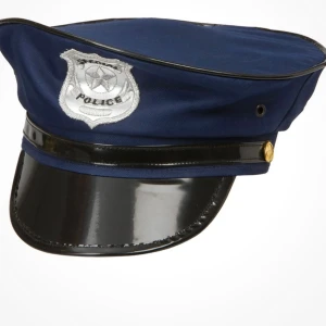 Mörkblå polis-keps med badge - Säljer en mörkblå polis-keps med silverfärgad broderad badge framtill där det står 'Special Police'. Kepsen har svart, glansig skärm och guldfärgade detaljer på sidorna. Perfekt för maskerad eller temafest.