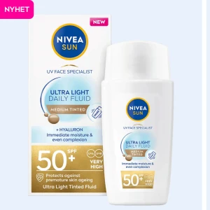 NIVEA Sun Ultra Light Daily Fluid SPF50+ Medium - NIVEA Sun Ultra Light Daily Fluid SPF50+ är en lätt tintad ansiktsfluid i färgen Medium, med hyaluron som ger fukt och jämnar ut hudtonen. Den har en lätt konsistens, solskydd och ger en naturlig finish. Oanvänd! 