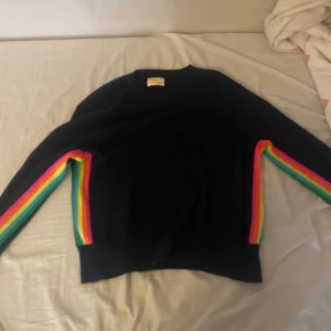 From Future - Mörkblå stickad tröja från From Future med långa ärmar och färgglada regnbågsränder längs sidorna och ärmarna. Tröjan har en klassisk rund halsringning och är i mjukt material som känns skönt mot huden. Perfekt för dig som gillar färg och vill sticka ut.