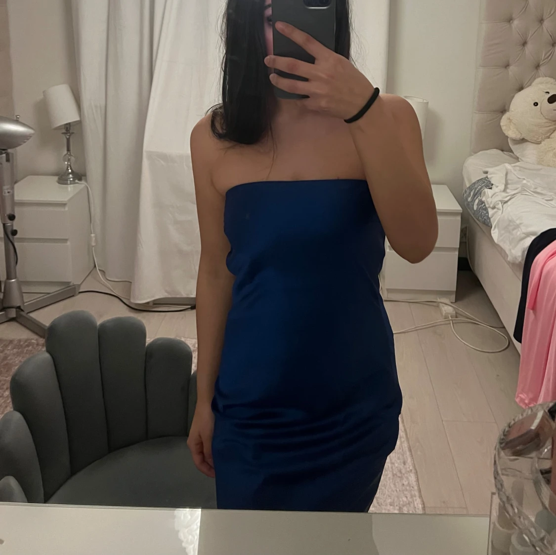 Marinblå axelbandslös långklänning - 1