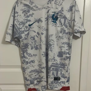 Frankrike fotbollströja Nike blåvit - Snygg Frankrike fotbollströja från Nike i vitt med blått grafiskt mönster av franska landmärken. Kortärmad modell i lätt och ventilerande material, perfekt för match eller träning. Broderad tupp-logga på bröstet och diskreta röda detaljer nertill.