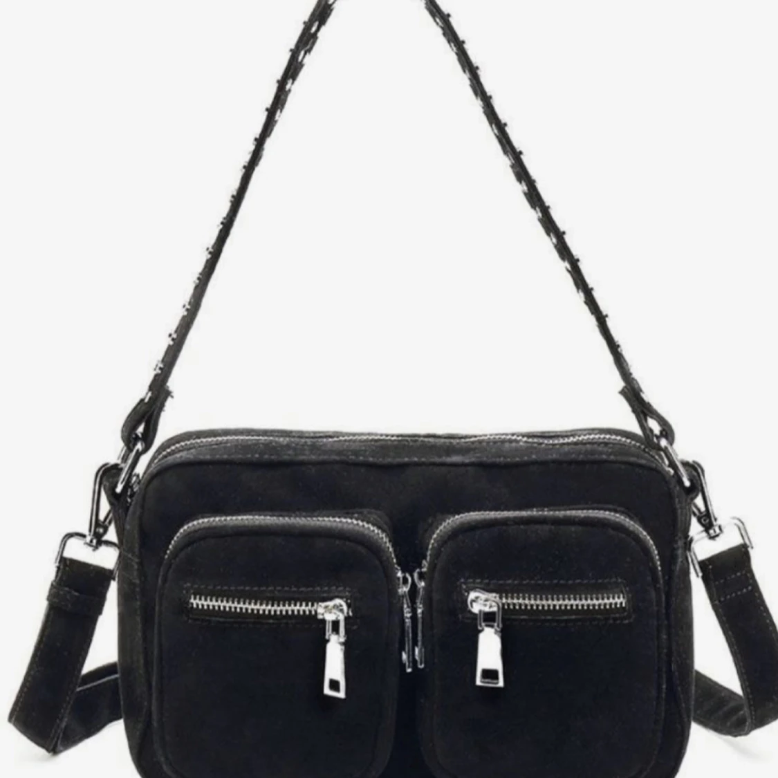 Svart mocka axelväska med dragkedjor