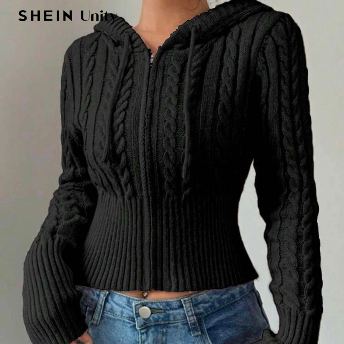 Svart stickad hoodie från SHEIN - 1