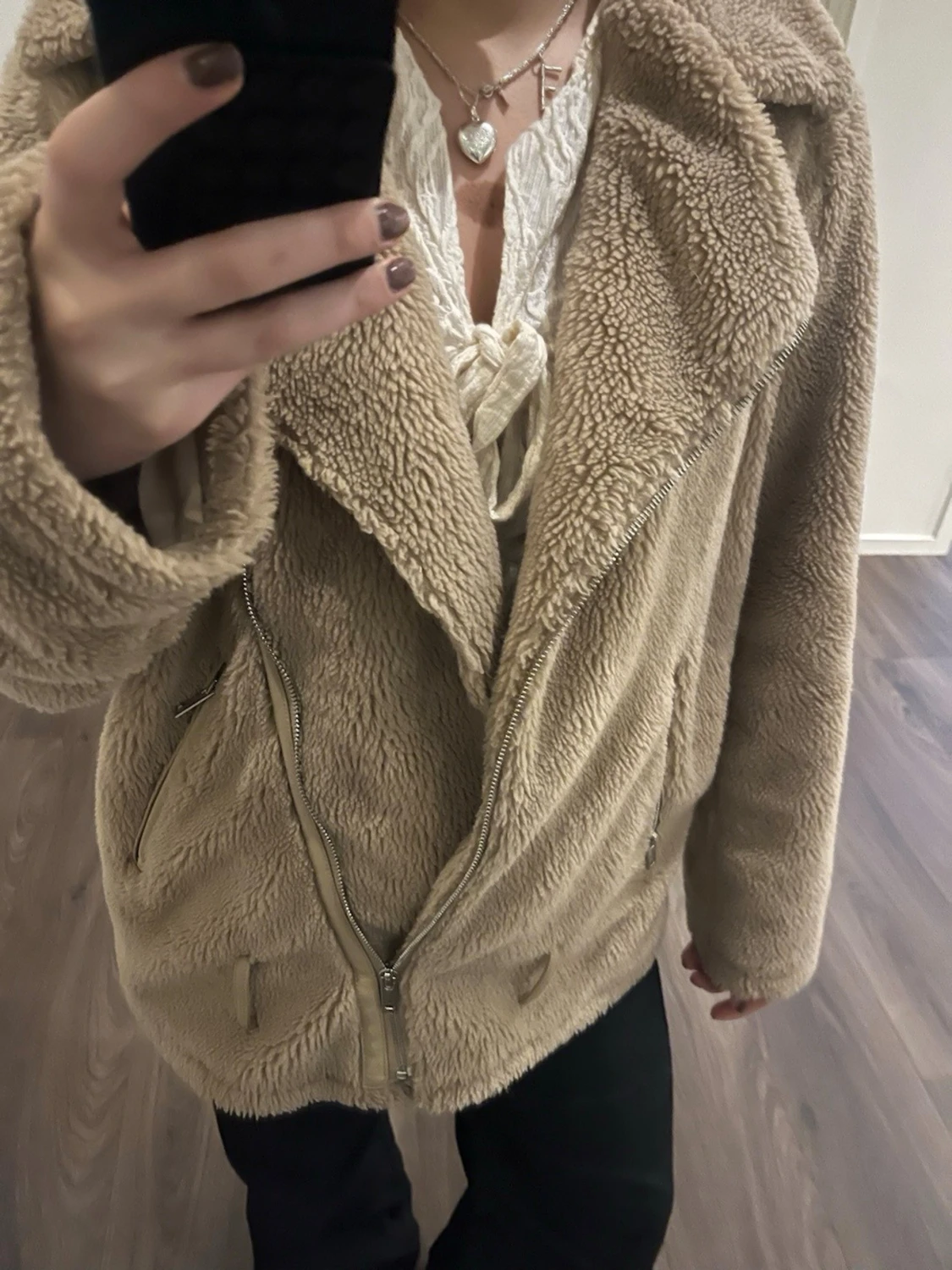 Beige teddyjacka med dragkedja - 2