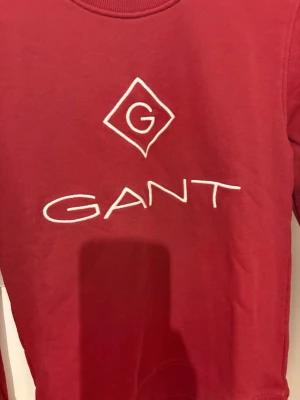 Röd GANT sweatshirt med logga XS - Snygg röd sweatshirt från GANT i storlek XS. Tröjan har en klassisk rund hals och vit broderad GANT-logga på bröstet. Tillverkad i mjuk bomull med ribbade muddar vid ärmar och nederkant. Perfekt för dig som gillar stilrena och sportiga plagg.