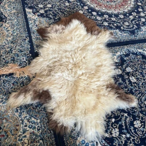 Naturlig pälsväst i beige och brun 120x64 - Säljer en fluffig och mjuk pälsväst i naturliga färger, med beige och bruna toner. Västen har en oregelbunden form och lång, lockig päls som ger en cool och unik look. Perfekt för dig som vill sticka ut med något riktigt speciellt.
