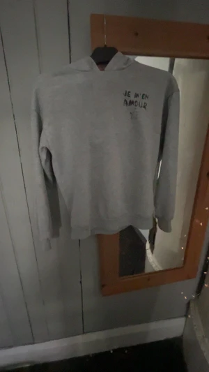 Grå hoodie  - En populär Grå hoodie ifrån Gina tricot med texten je m’en amour på ryggen och en liten text på framsidan. Den har storleken 146/152. Den är liten i passformen så därför är den knappt använd.💕 