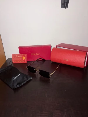 Solglasögon  - Bilderna visar ett par svarta solglasögon från C med guldfärgade detaljer, tillhörande röd ask, fodral och certifikat. Ingen väst finns med på bilderna. Skicka till mig du har frågor