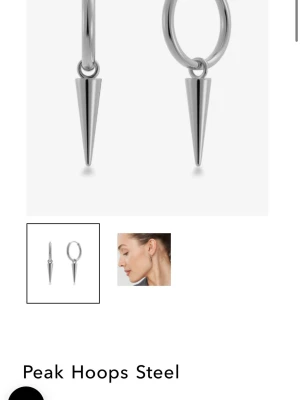 Peak Hoops örhängen från Edblad - Säljer ett par snygga Peak Hoops örhängen från Edblad i blankt stål. De har en rund ring med en spetsig konformad detalj som hänger ner. Nästan i nyskick med inga defekter. Orginalpris 400. 