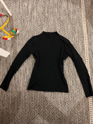 Svart ribbad polotröja - Säljer en svart ribbad polotröja med lång ärm och hög hals. Tröjan har en slim passform och är perfekt för lager-på-lager. Materialet är mjukt och stretchigt, vilket gör den skön att bära under kyliga dagar.