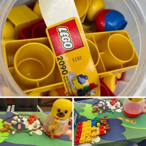 LEGO Duplo 2090 Farm Set - LEGO Duplo 2090 Farm Set i original förvaringsburk med djur, figurer, staket och färgglada klossar. Perfekt för små barn, inte helt komplett men med delarna synliga och i gott skick. Inga tydliga defekter, endast normalt bruksslitage. Osäker på storlek och vikt för frakt, i värsta fall får du avhämta eller lägga till om inte frakten godkänns eller också kan det antagligen skickas utan den stora behållaren, i plastsäck.