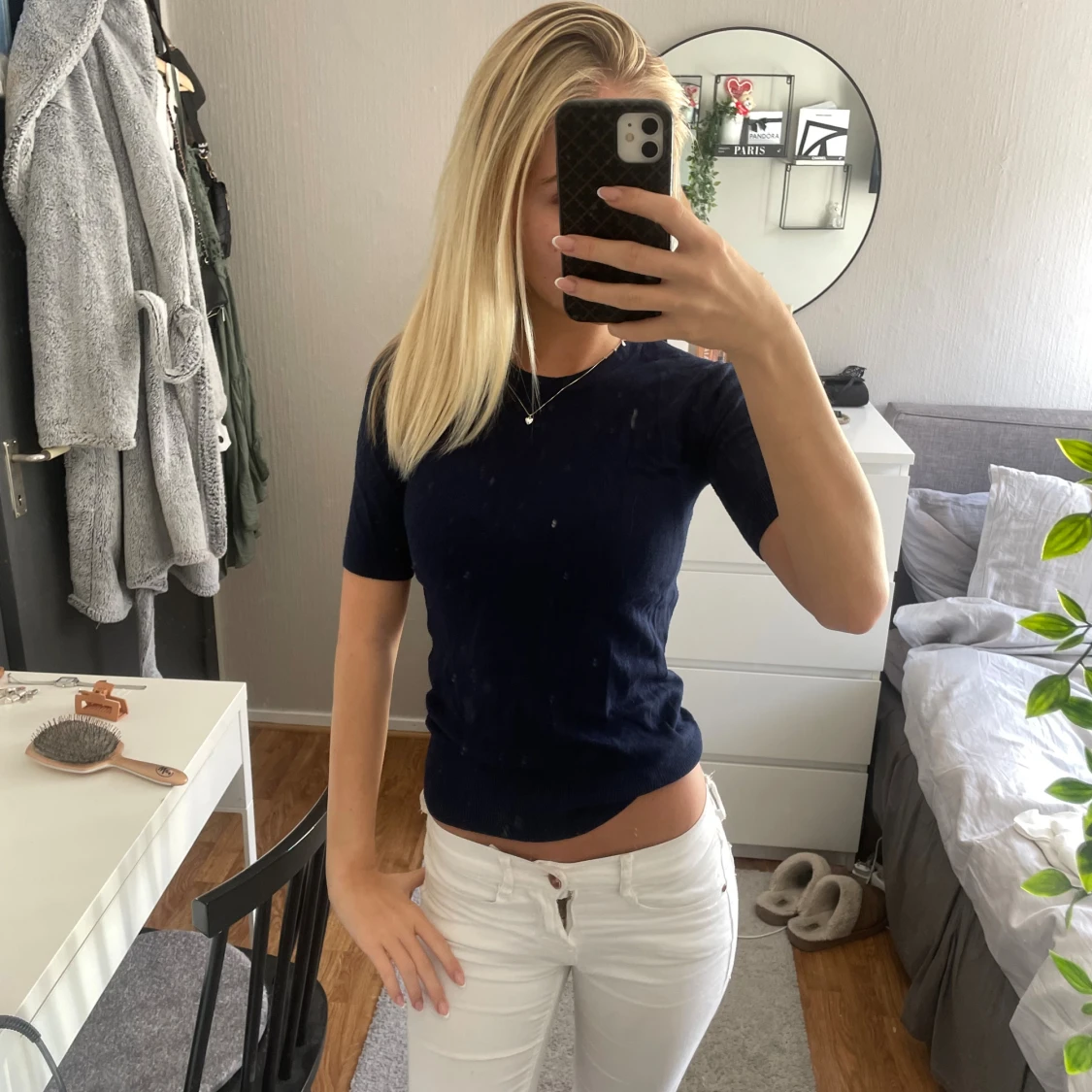 Mörkblå ribbad topp med kort ärm - 3