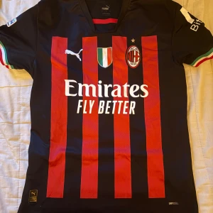 AC Milan Ibrahimović matchtröja Puma - Säljer en AC Milan fotbollströja från Puma med Ibrahimović och nummer 11 på ryggen. Tröjan är svart med röda vertikala ränder, har korta ärmar och klassiska klubbmärken samt sponsortryck. Materialet är lätt och andas, perfekt för fotboll eller supporterliv.