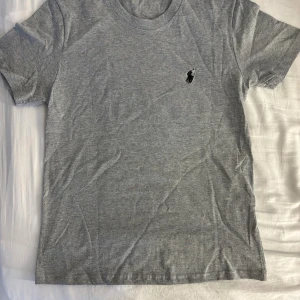 Grå t-shirt från Polo Ralph Lauren - Klassisk grå t-shirt från Polo Ralph Lauren med broderad svart logga på bröstet. T-shirten är i mjuk bomull, har rund hals och korta ärmar. Perfekt basic-plagg med snygg passform och stilren look.