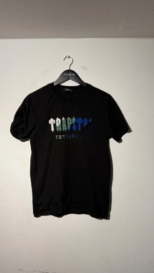 Svart Trapstar t-shirt med tryck - Svart t-shirt från Trapstar med färgglatt tryck på bröstet där det står 'Trapstar It's A Secret' i olika nyanser av blått, grönt och vitt. Klassisk rund hals och korta ärmar. Perfekt för dig som gillar streetwear och vill sticka ut.
