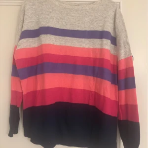 Randig stickad tröja från Oasis - Säljer en stickad tröja från Oasis i storlek M med breda ränder i grått, lila, rosa, rött och mörkblått. Tröjan har rund hals och långa ärmar, perfekt för dig som gillar färg och vill ha en chill vibe. Supermjuk och skön att bära.