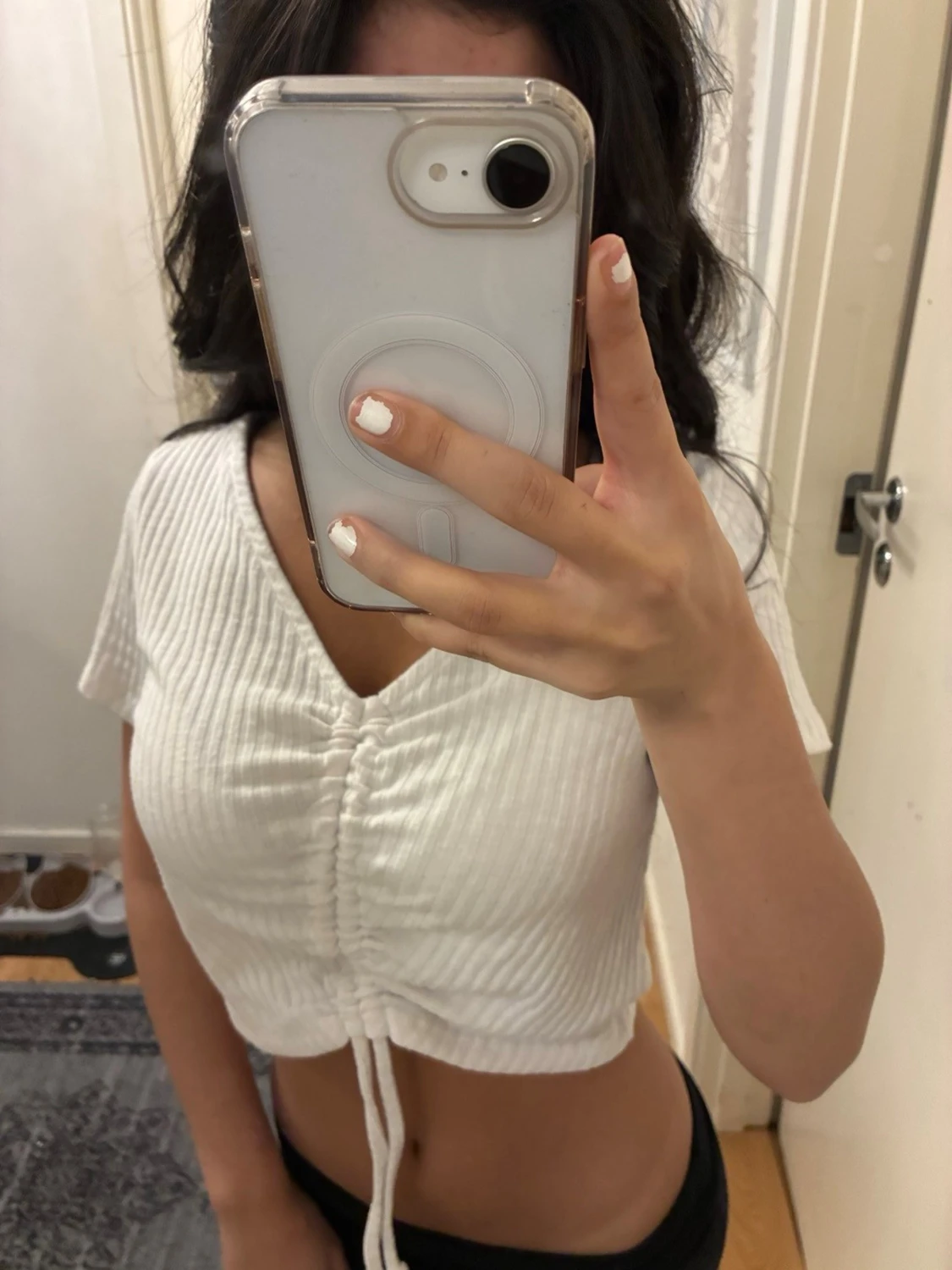 Vit ribbad croppad topp med snörning - 2