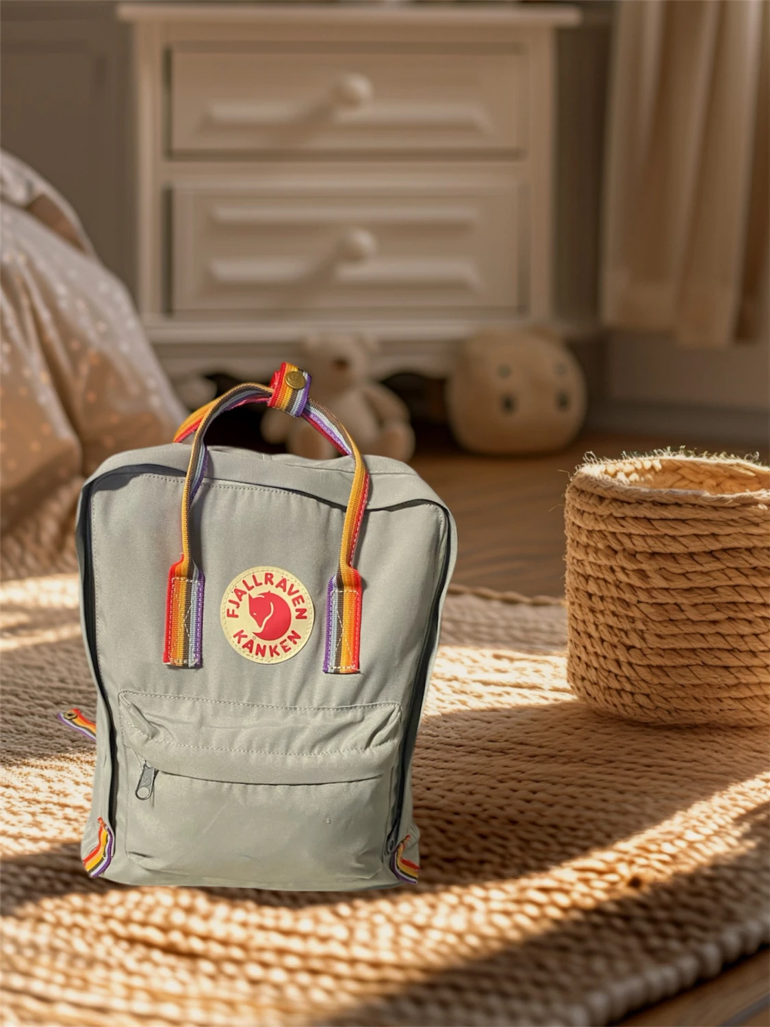 Grå Fjällräven Kånken ryggsäck med regnbågsband