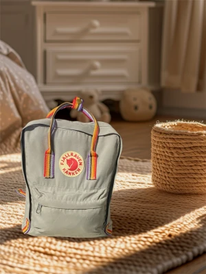 Grå Fjällräven Kånken ryggsäck med regnbågsband - Säljer en grå Fjällräven Kånken ryggsäck med regnbågsfärgade axelremmar och handtag. Klassisk fyrkantig form, röd logotyp framtill och praktisk dragkedja på ytterfacket. Perfekt storlek för skola eller häng. Materialet är slitstark polyester .