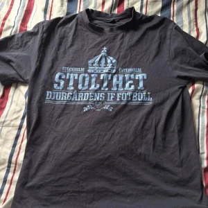 Djurgården IF svart t-shirt - Svart t-shirt med blått tryck på bröstet där det står 'Stolthet Djurgårdens IF Fotboll' och en krona ovanför texten. Klassisk rund hals och korta ärmar. Perfekt för dig som vill visa ditt stöd för Djurgården.