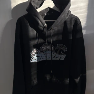 Svart hoodie från Trapstar - Svart hoodie från Trapstar med tryck i grå och blått framtill. Klassisk huva med snörning och känguruficka. Perfekt för dig som gillar streetwear och vill sticka ut med en snygg logga på bröstet. Sitter som L.