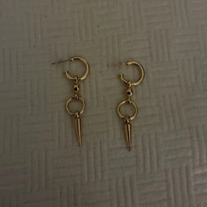 Guldiga örhängen med spetshänge - Snygga guldiga örhängen med rund ring och hängande spetsformad detalj. 